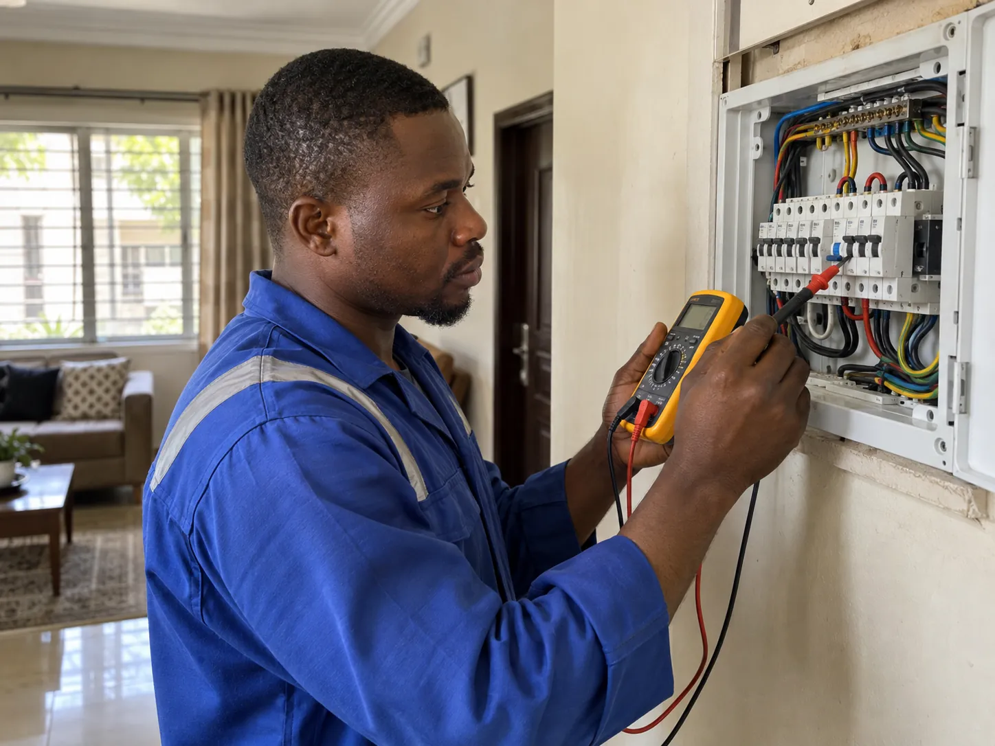 Electrician working at a fuse box