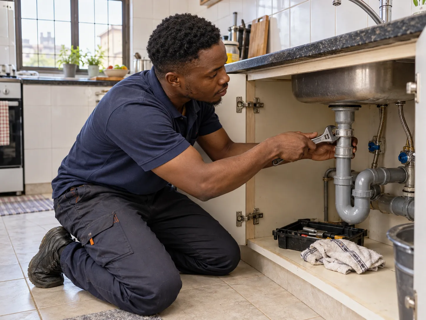 Plumber working under a kitchen sink